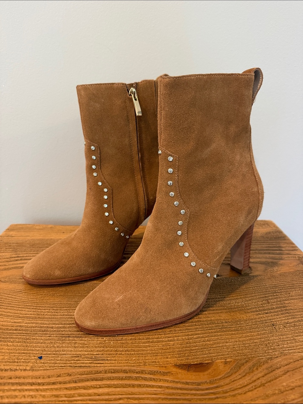 PAIGE Tan Suede Studded Ankle Boots, size 7.5